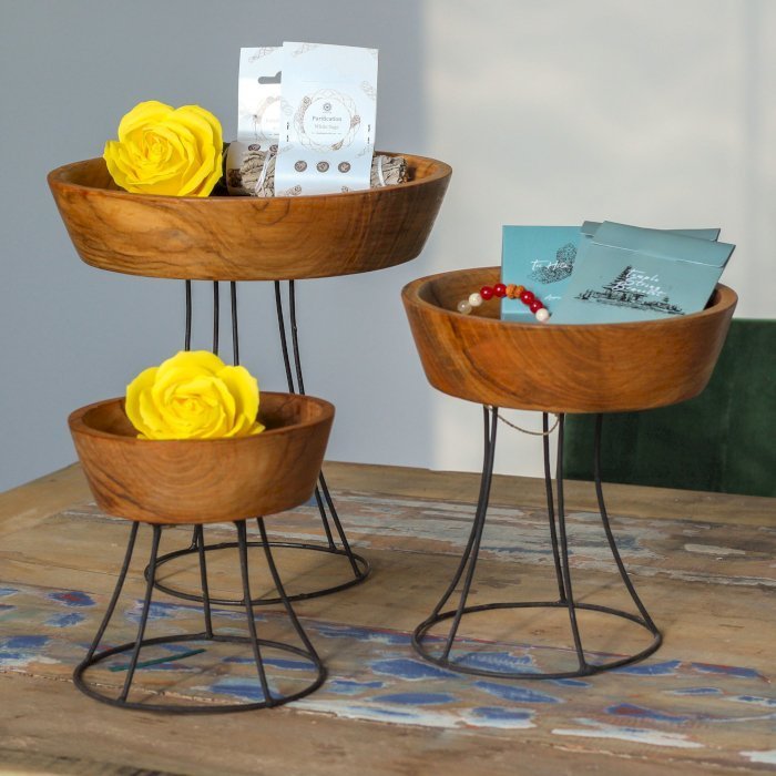 Set of 3 Teak Bowls with Metal Stands