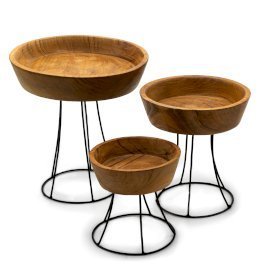 Set of 3 Teak Bowls with Metal Stands