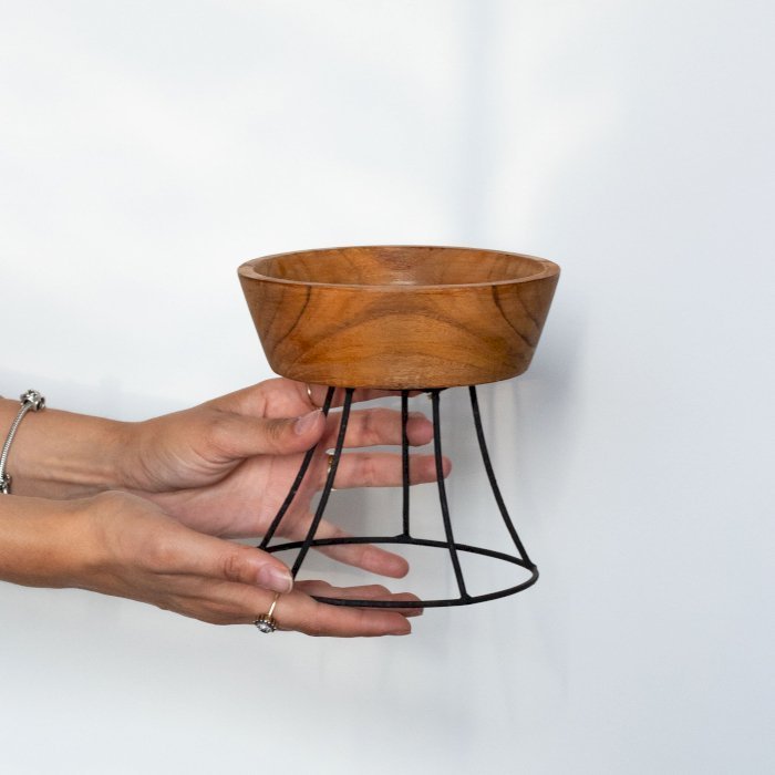 Set of 3 Teak Bowls with Metal Stands