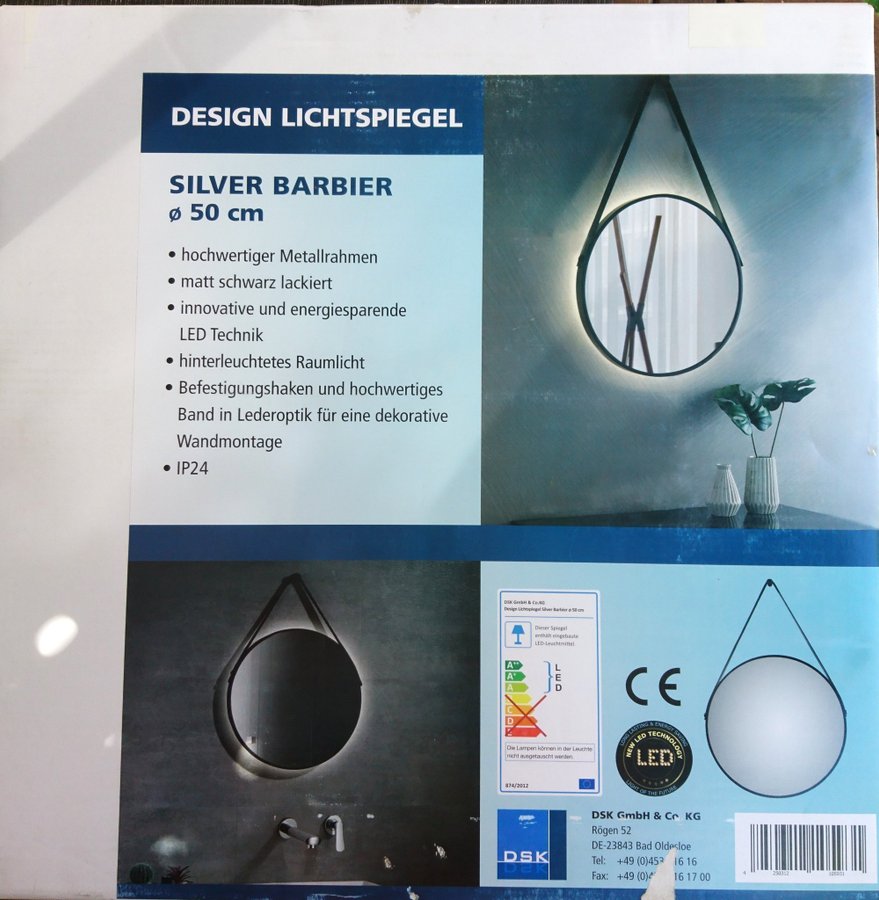 "DSK Silver Barbier" Svart LED ljusspegeln Bakgrundsbelyst Aluminium ram Ø 50 Ny