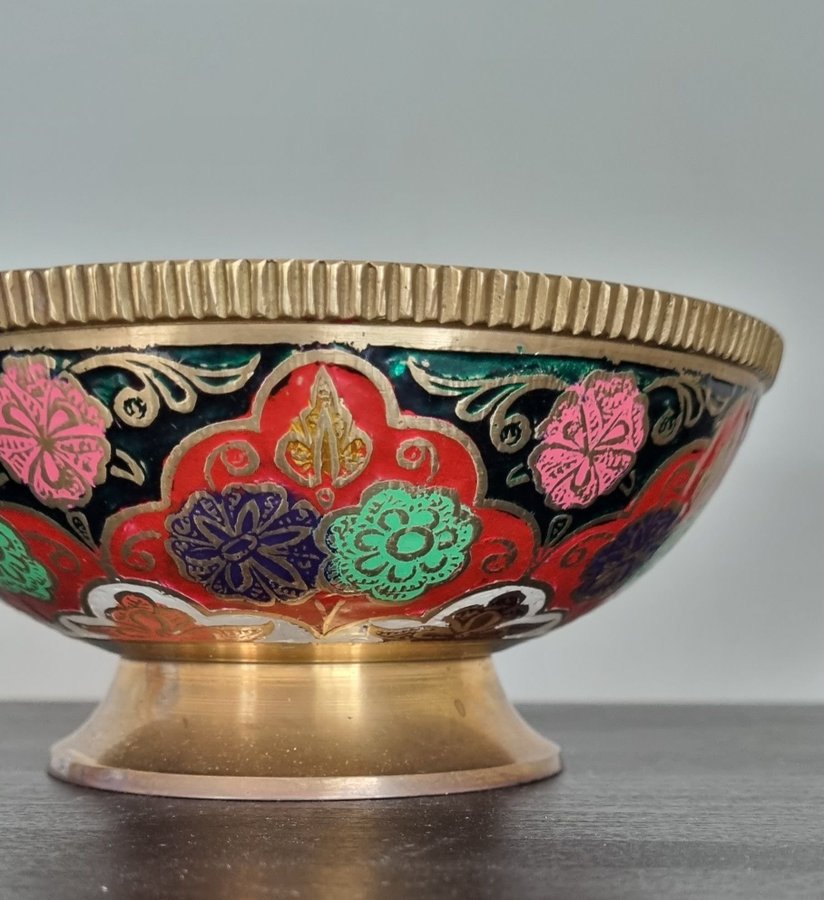 CLOISONNE SKÅL VINTAGE ORIENTALISK MÄSSING HANDARBETE