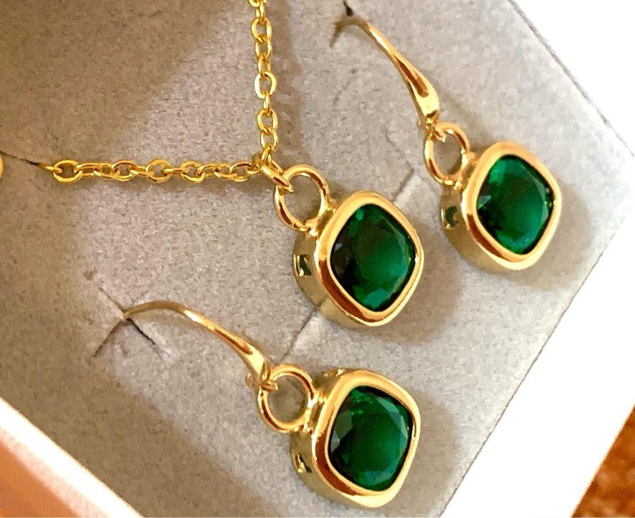 Gorgeous Emerald Gold plated jewelry set- tarnish free - Stone Queen