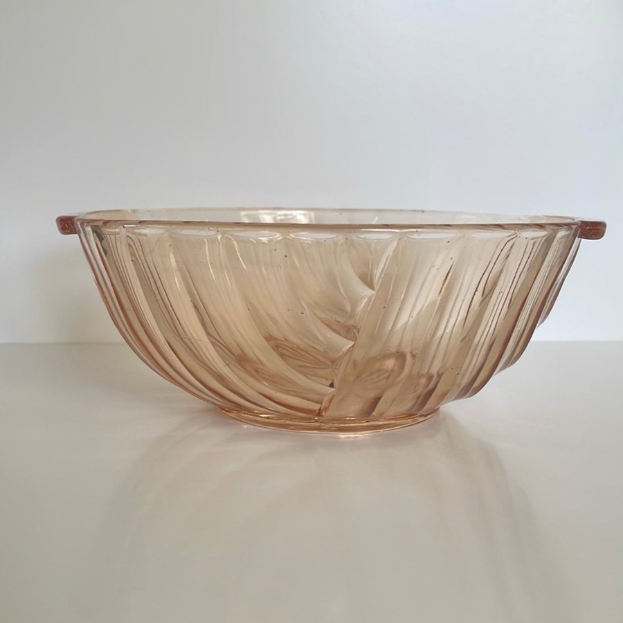 Art Deco stor glasskål persika/rosa, vintage, retro 1940-tal