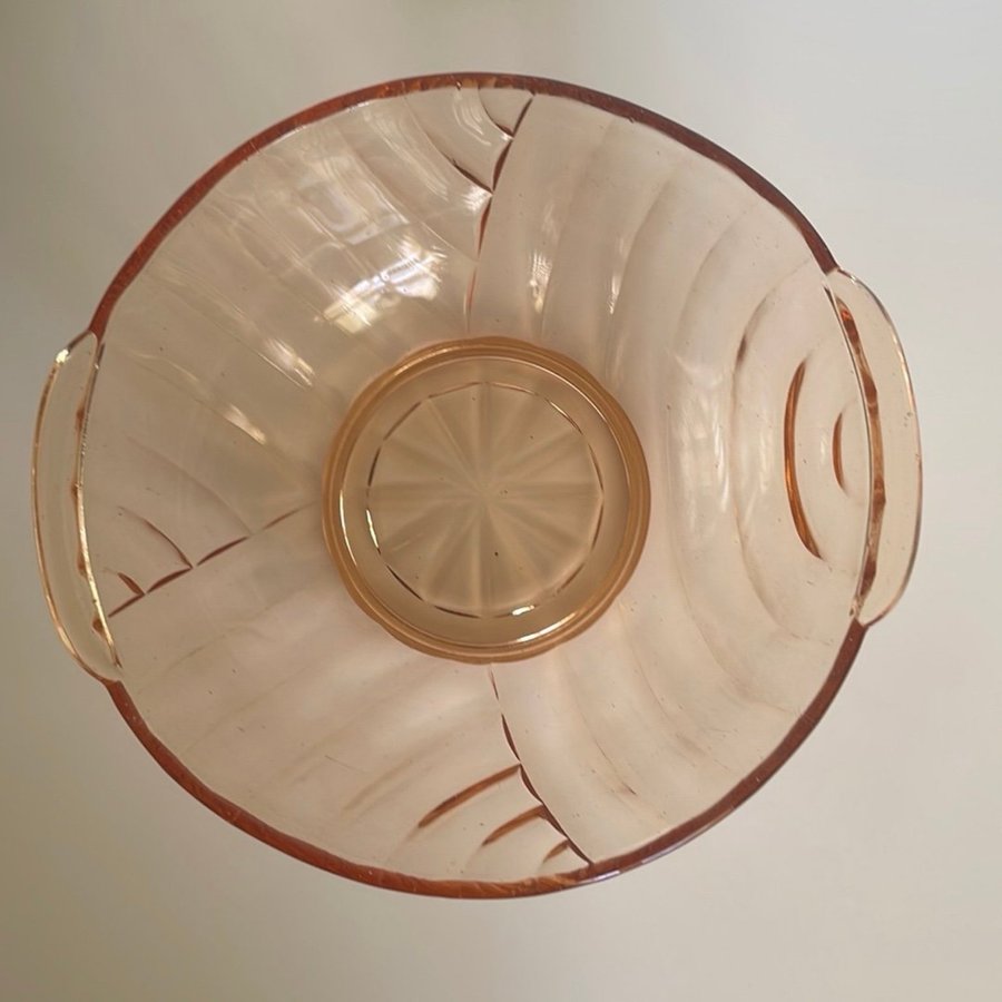 Art Deco stor glasskål persika/rosa, vintage, retro 1940-tal