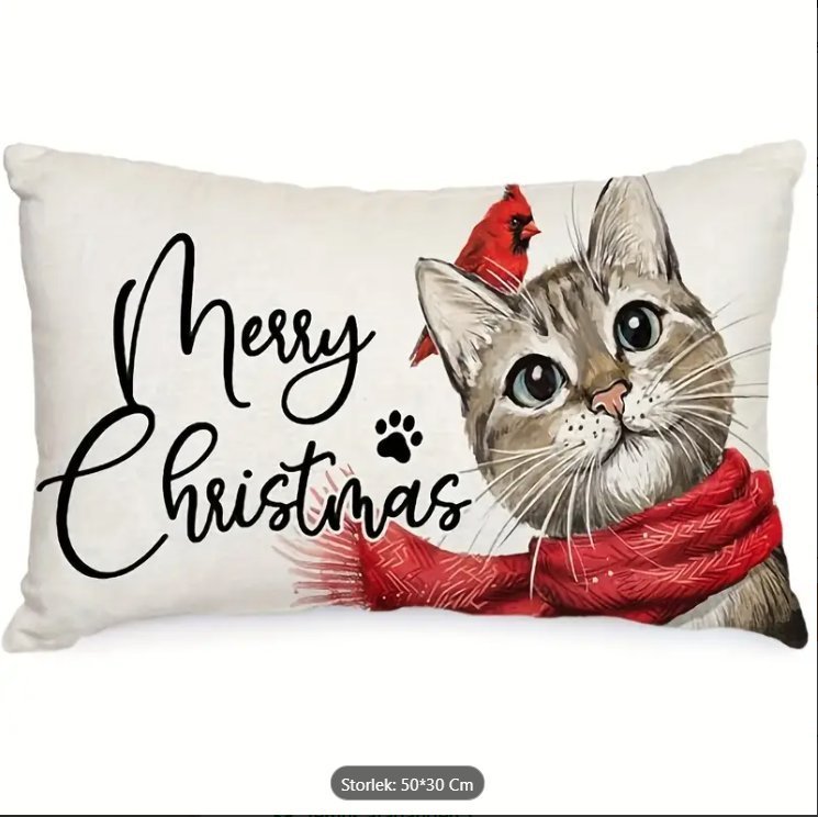 Jul Kuddfodral m kattmotiv, rektangulär 30 x 50 cm, Polyester m linne struktur