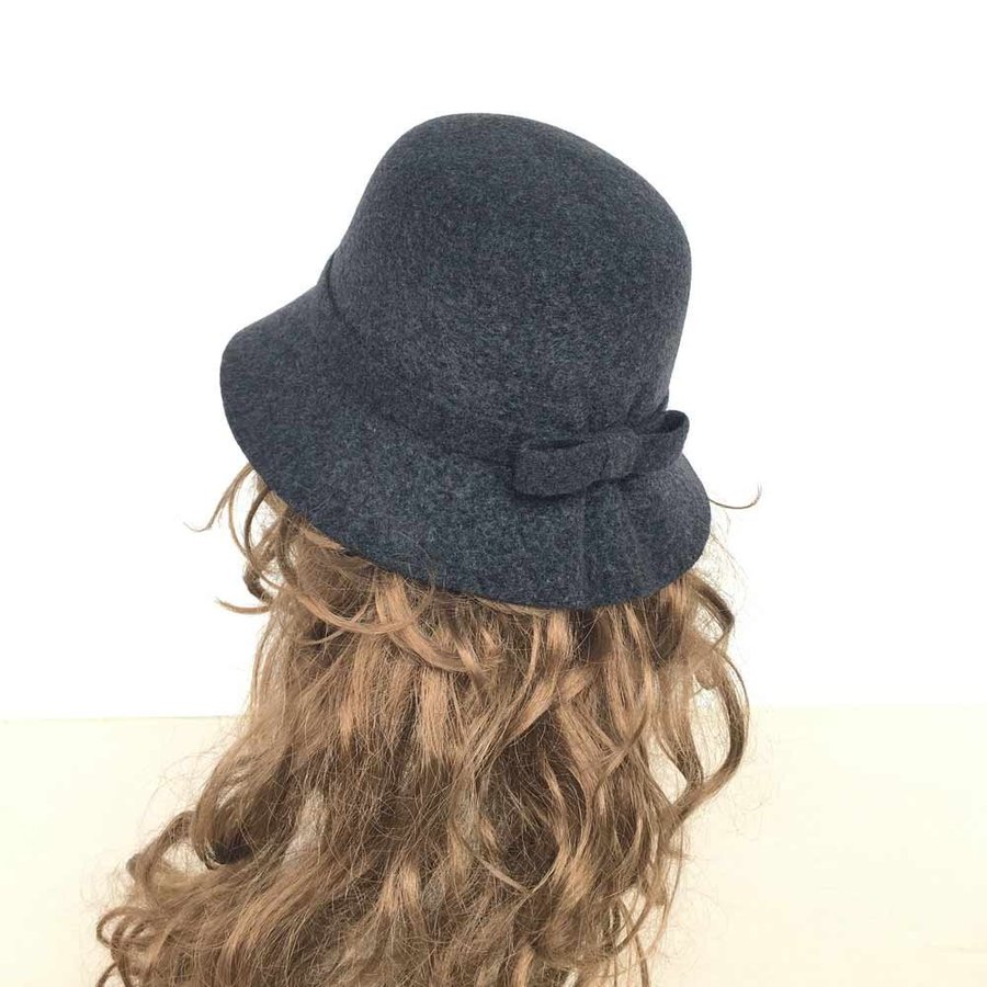 Women's Wool Blend Hat with Bow, Dark Gray Winter Hat. Foldable Wool Hat