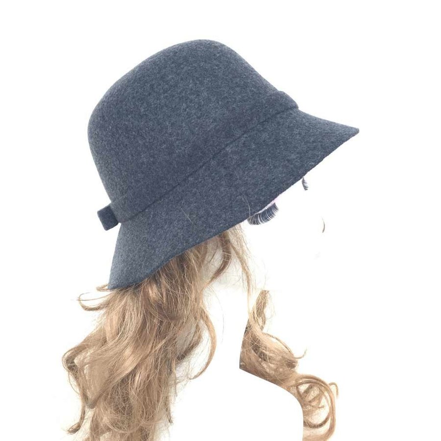 Women's Wool Blend Hat with Bow, Dark Gray Winter Hat. Foldable Wool Hat