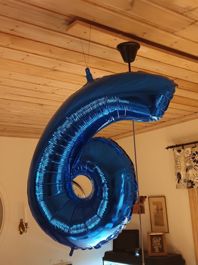 ballong, sex, 6, siffra, 6 års kalas, blå, stor