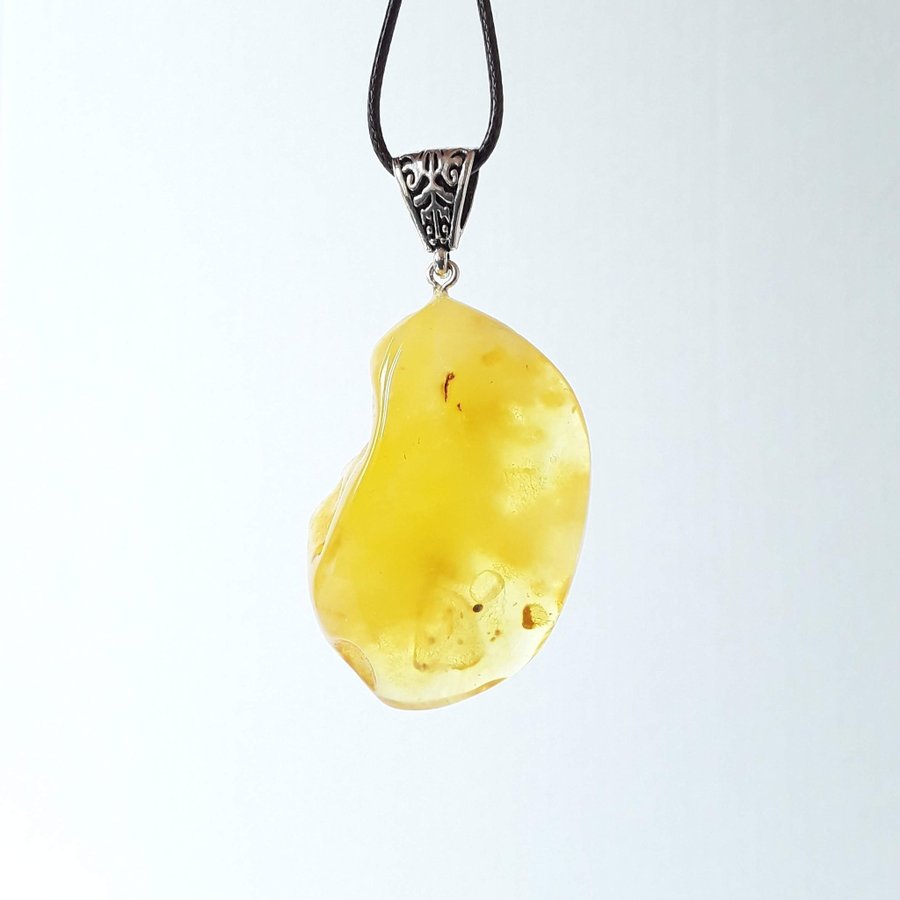 Yellow Baltic amber gemstone pendant on long chain, honey amber necklace jewelry