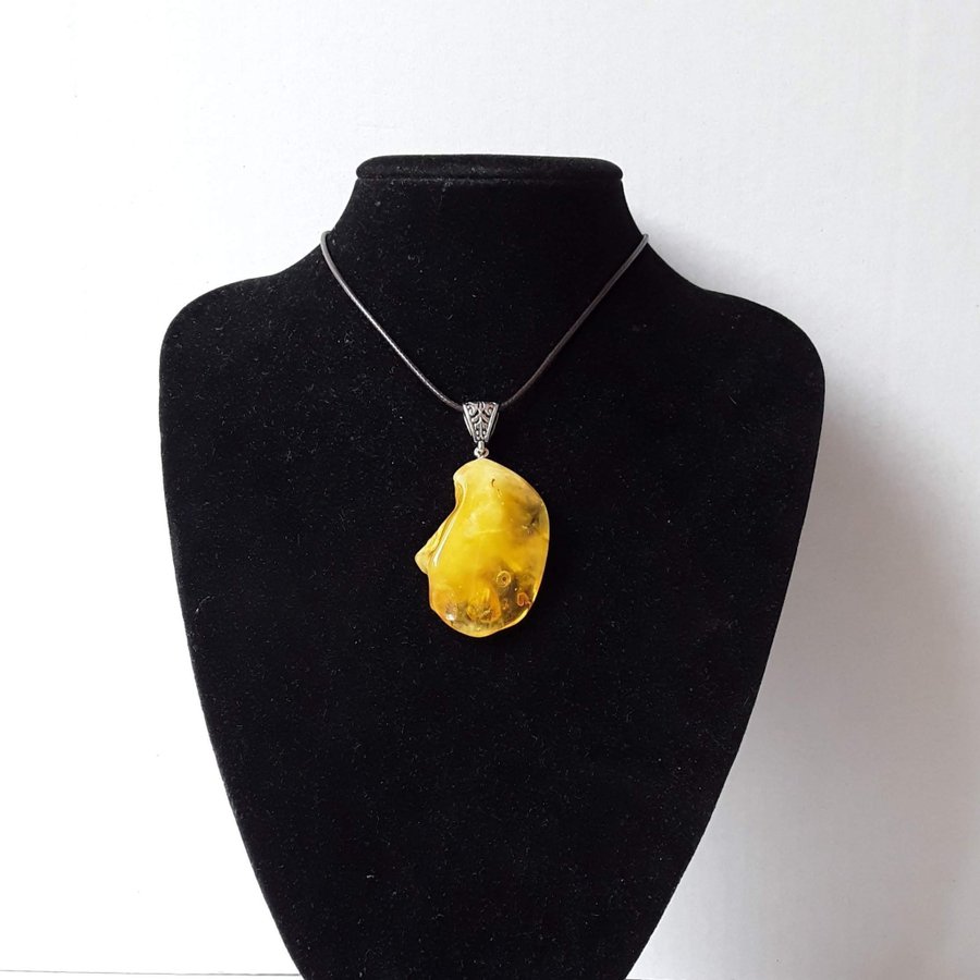 Yellow Baltic amber gemstone pendant on long chain, honey amber necklace jewelry