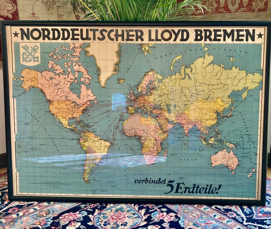 Antik raritet! / Original Norddeutscher Lloyd World Map / 1920-tal, King Size!