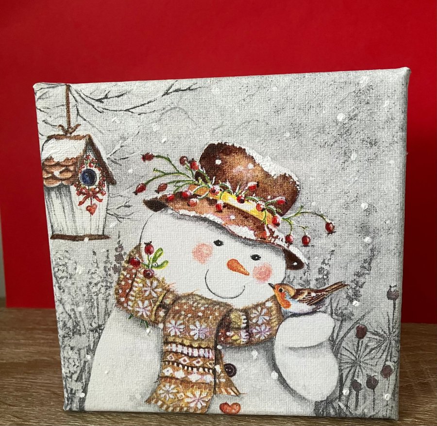 Tavla Snögubbe med fågelvän 15x15 cm