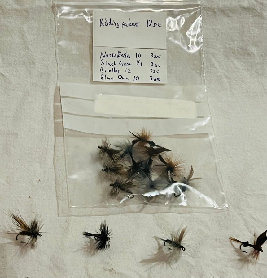 Rödingpaket flugfiske (Nattslända Black Gnat Blue Dun Bredby) 12st