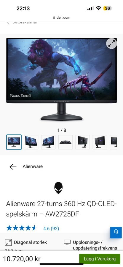 Alienware 27-tums 360 Hz QD-OLED-spelskärm - AW2725DF