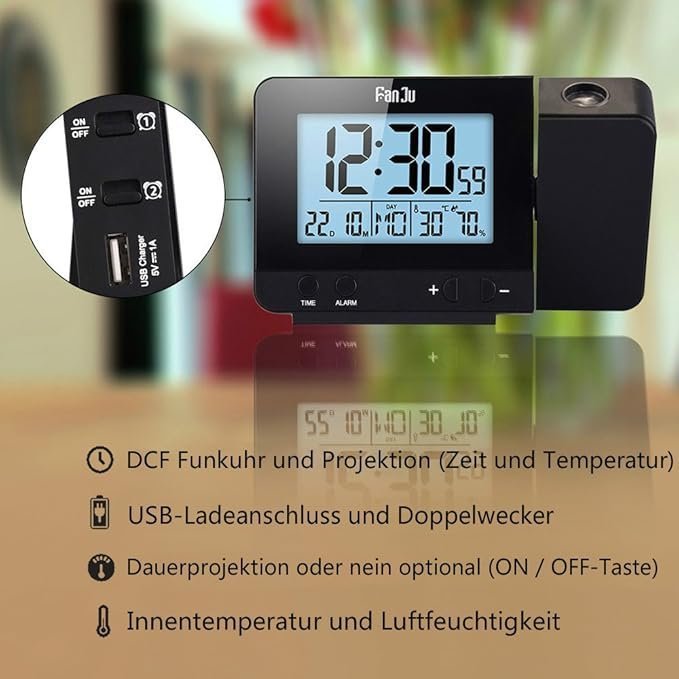 FanJu Projection Alarm Clock with Temperature and Humidity