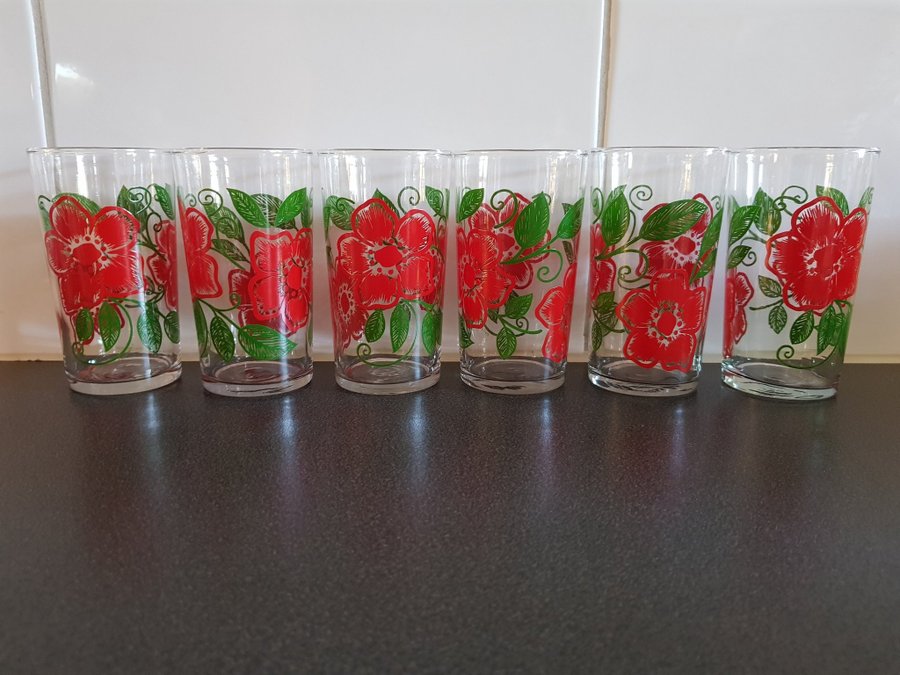 Retro Saftglas glas 6st röda blommor nostalgi vintage