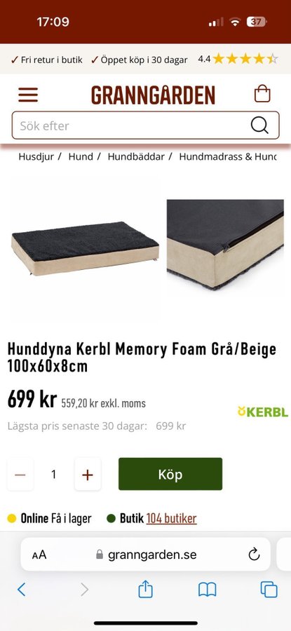 Hunddyna Kerbl Memory Foam Grå/Beige 100x60x8cm