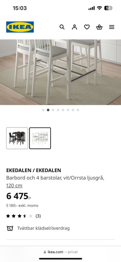 IKEA EKEDALEN Barbord och 4 Barstolar