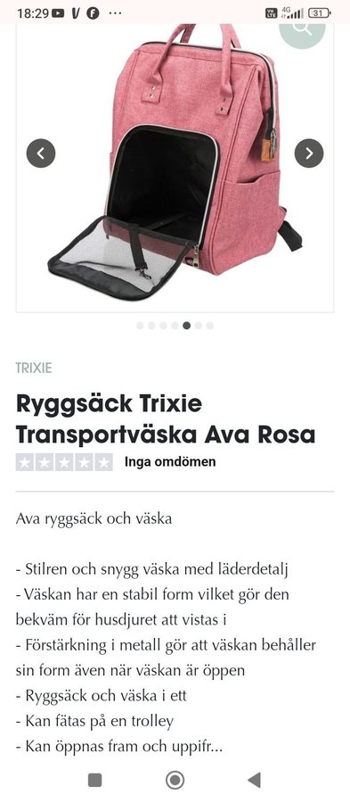 Ryggsäck Trixie Transportväska Ava Rosa