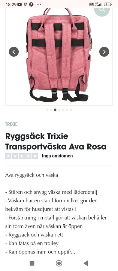 Ryggsäck Trixie Transportväska Ava Rosa