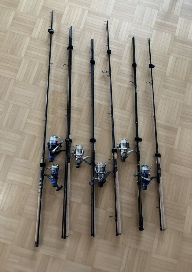 Angelruten und Rollen im 6er Set DAM, Daiwa, Sportex, Shimano, Exori, Cormoran