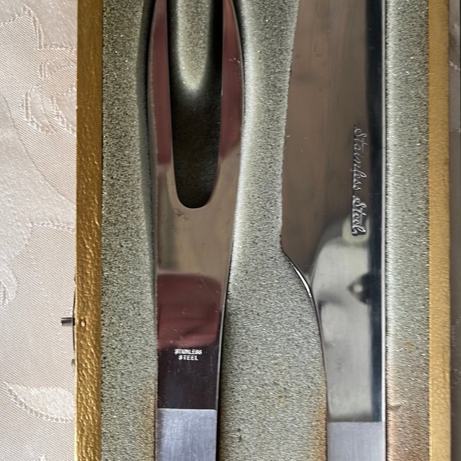 Vintage 60-tal trancherset kniv och gaffel set i trä/kartongbox