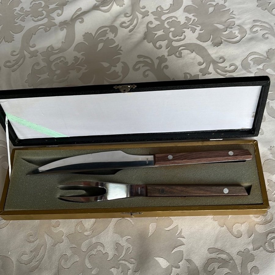 Vintage 60-tal trancherset kniv och gaffel set i trä/kartongbox