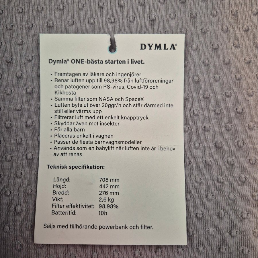 Dymla ONE babyliften / med inbyggd luftfiltrering.