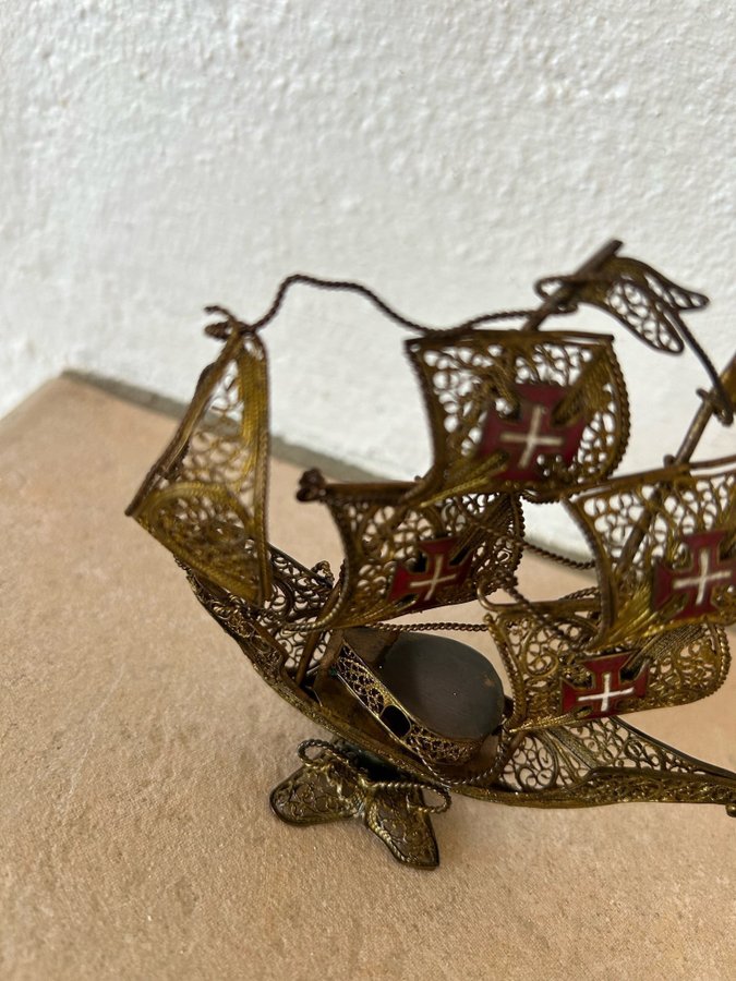 Vintage handmade filigree sail ship Portuguese Rare find