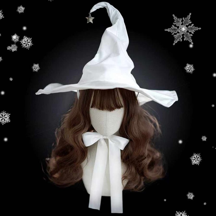 White Witch Hat with Star, Wide Brim Halloween Costume Wizard hat