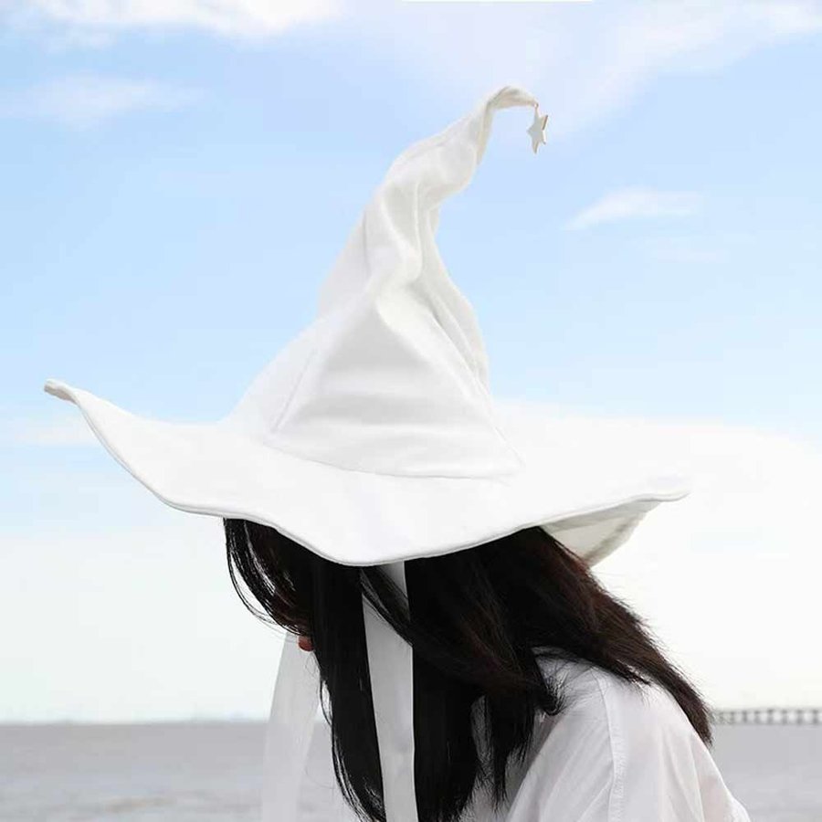 White Witch Hat with Star, Wide Brim Halloween Costume Wizard hat