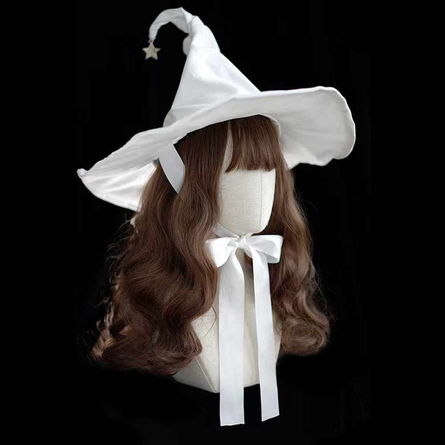 White Witch Hat with Star, Wide Brim Halloween Costume Wizard hat