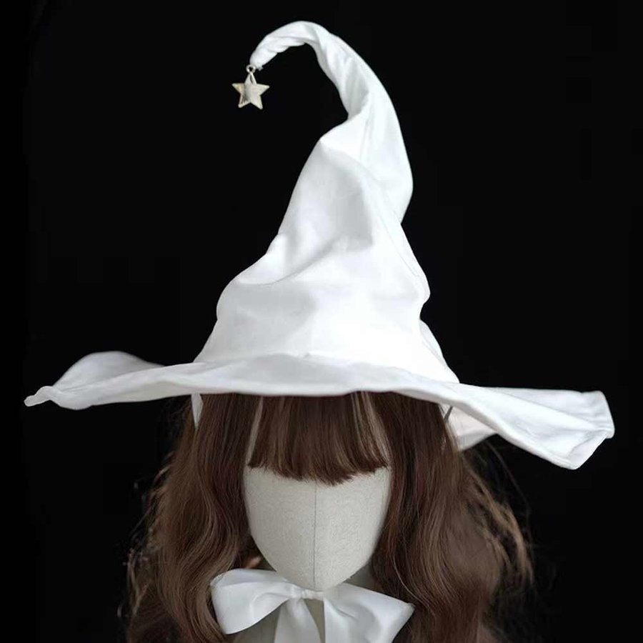 White Witch Hat with Star, Wide Brim Halloween Costume Wizard hat