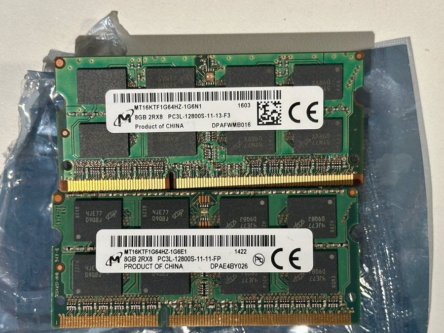 Ramminne Micron 16GB (2x8gb) DDR3 1600Mhz PC3L-12800s SODIMM till bärbar