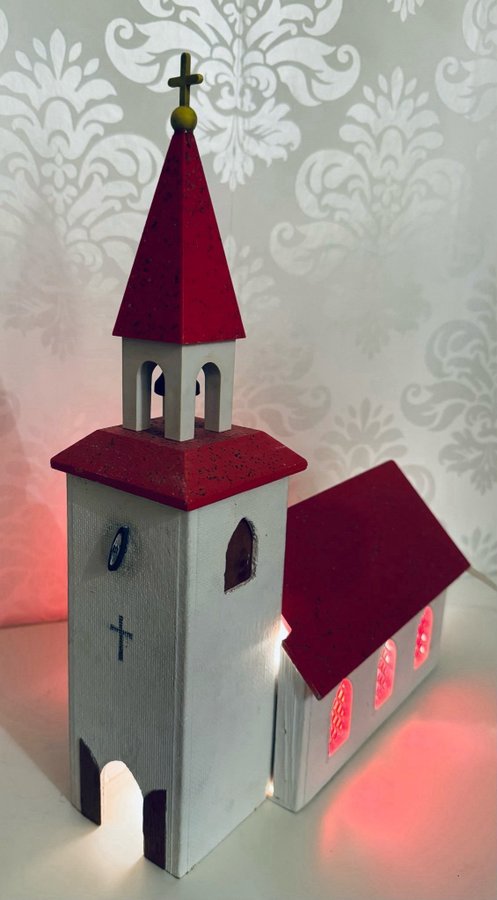 Julkyrka Adventskyrka Spelverk Belysning Vit Röd Kyrka Advent Jul Vintage