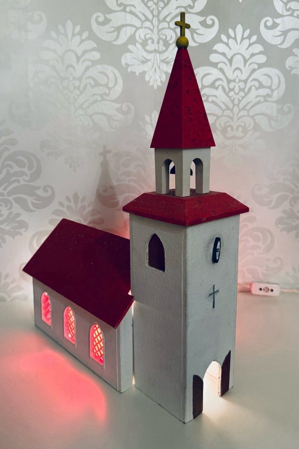 Julkyrka Adventskyrka Spelverk Belysning Vit Röd Kyrka Advent Jul Vintage