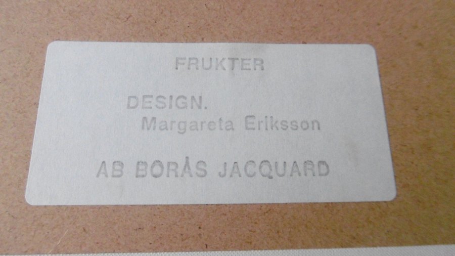 Väggbonad "FRUKTER" Margareta Eriksson. Signerad. 40x38cm. Borås AB Jacquard.