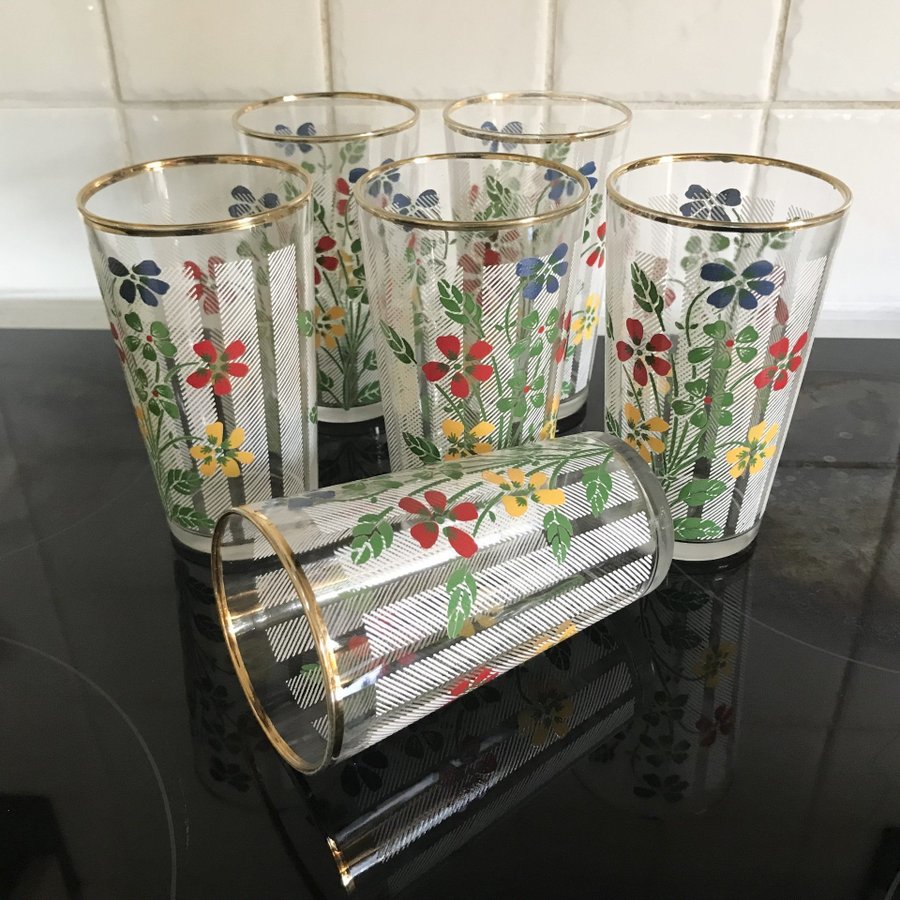 6 Fina saftglas glas guldkant blommor made in France