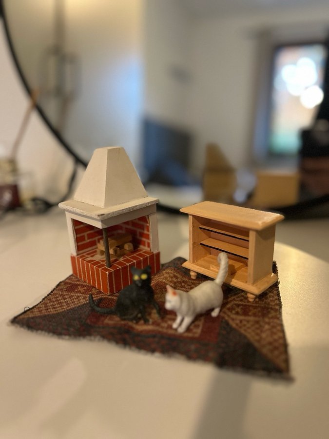 Söt Miniatyrmodell av en Eldstad Bokhylla matta och katter