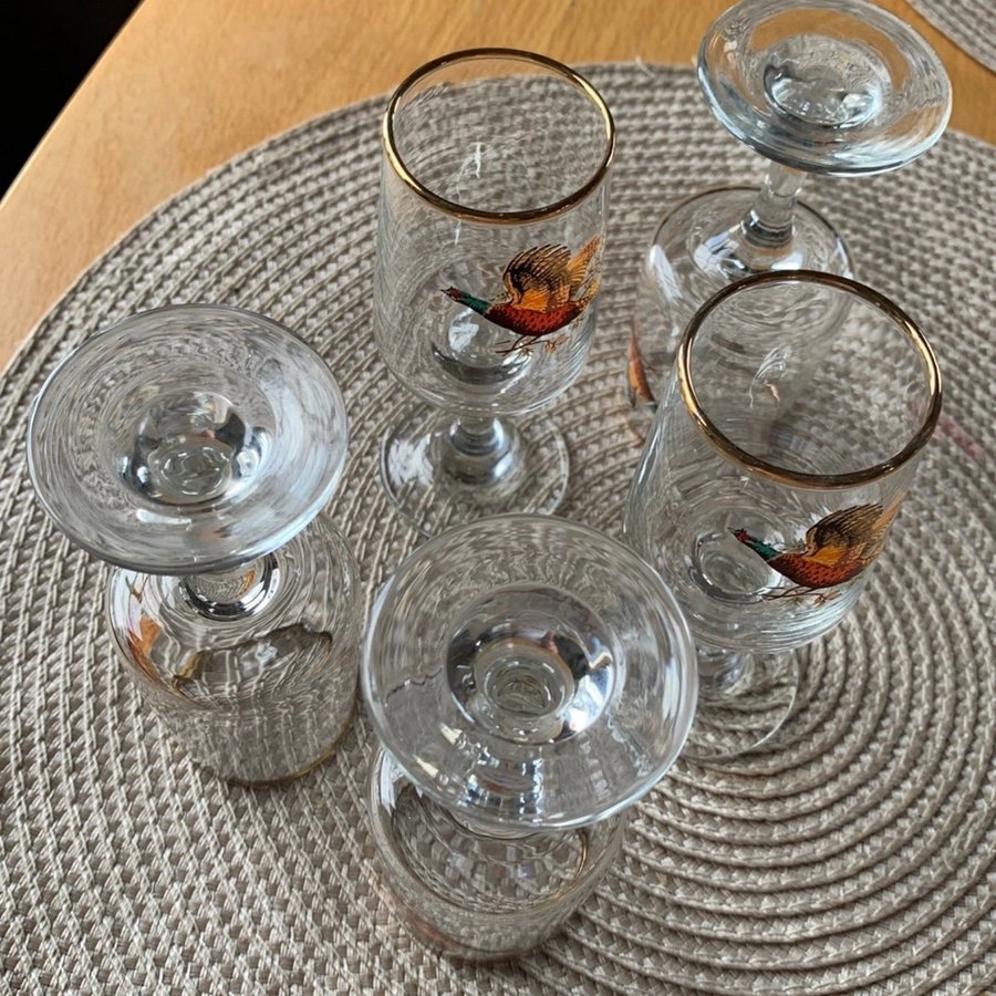 Vintage set 5 st spritglas med fasan Guld trim