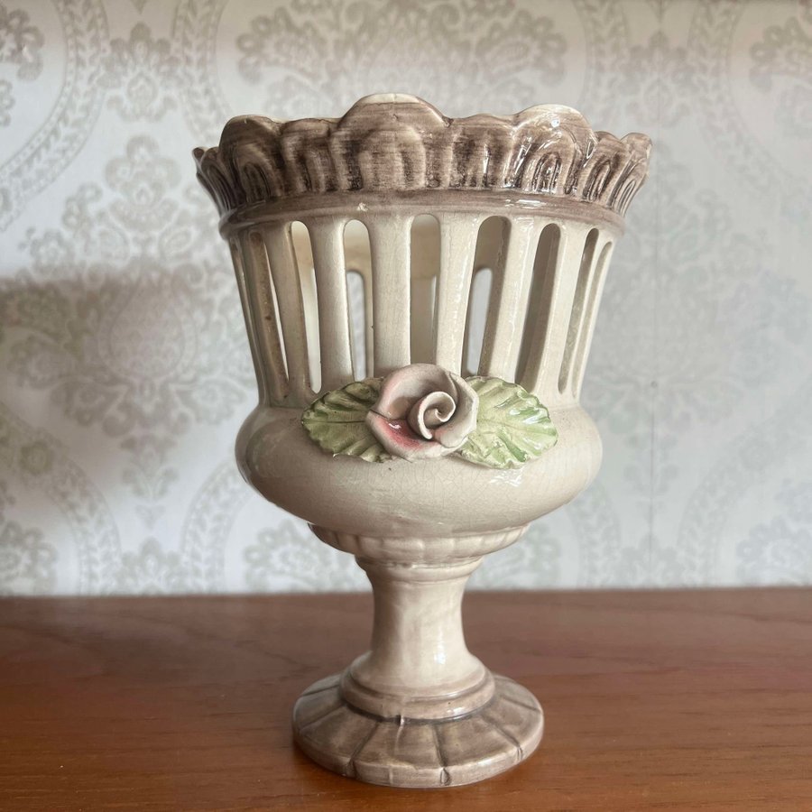 Vintage ytterfoder Capodimonte Italy • Retro Kruka Blomkruka Majolika Ros