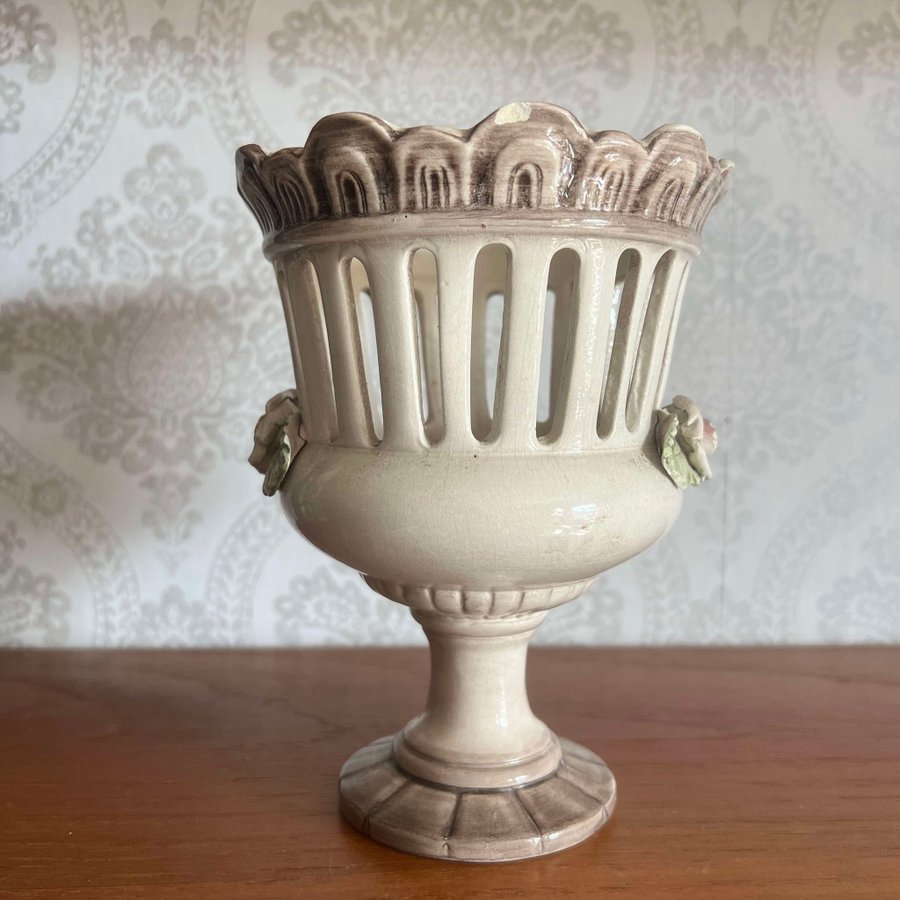 Vintage ytterfoder Capodimonte Italy • Retro Kruka Blomkruka Majolika Ros