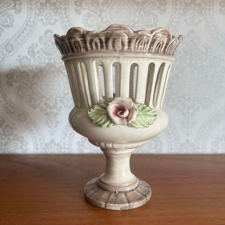 Vintage ytterfoder Capodimonte Italy • Retro Kruka Blomkruka Majolika Ros