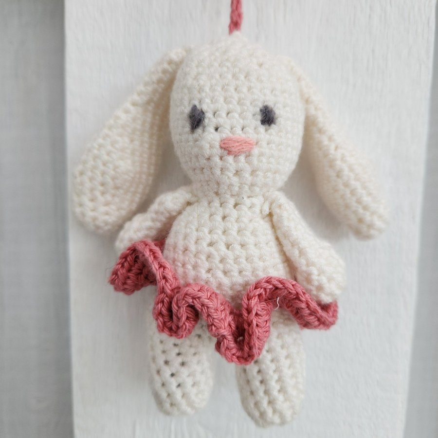 Handcrafted Knit White Bunny with Pink Tutu Hanging Decoration Toy