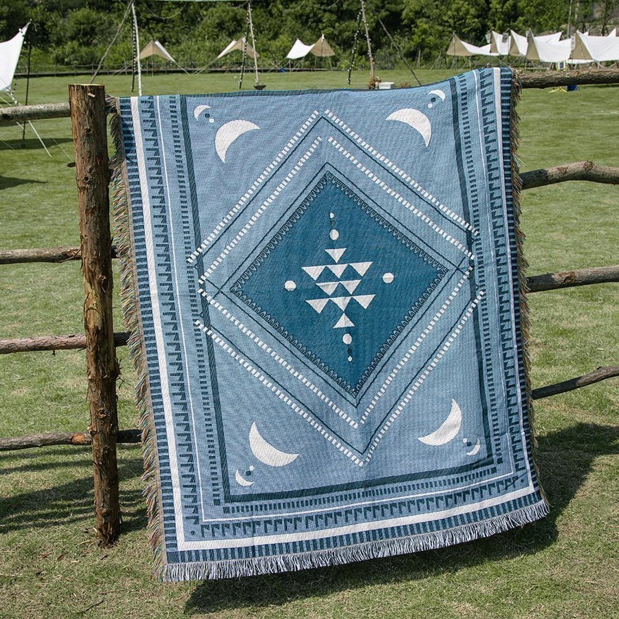 Blue tassel tapestry geometric shape sofa dustproof blanket room carpet,130*160