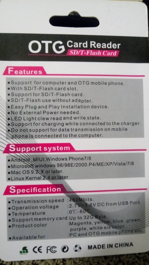 USB 2.0+Micro USB. SD+micro SD/T-Flash.