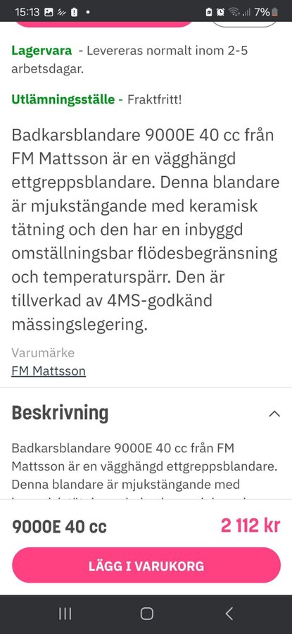 Badkarsblandare FM Mattsson 9000E 40 cc