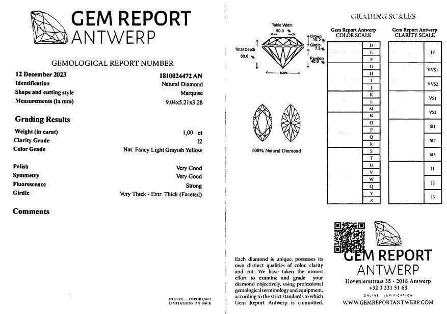 Markisslipad diamant; 1.0 carat; Natural Fancy Light Grayish Yellow; I2