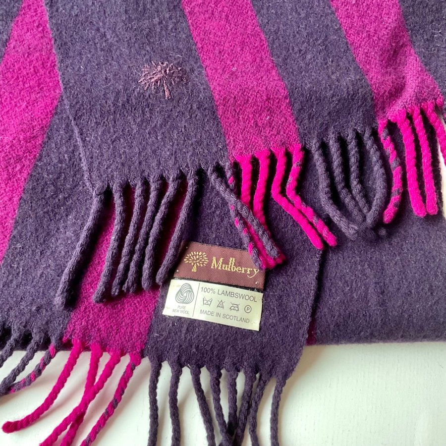 MULBERRY Wool Scarf Lila Halsduk med Cerise ränder 100% Lammull