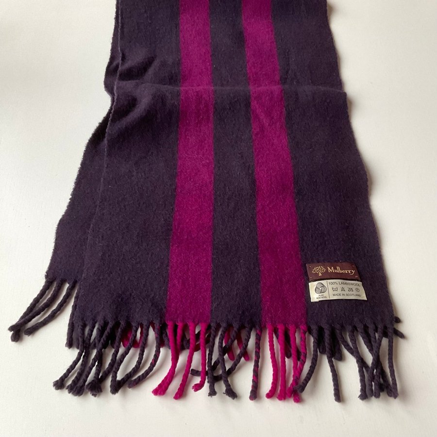 MULBERRY Wool Scarf Lila Halsduk med Cerise ränder 100% Lammull